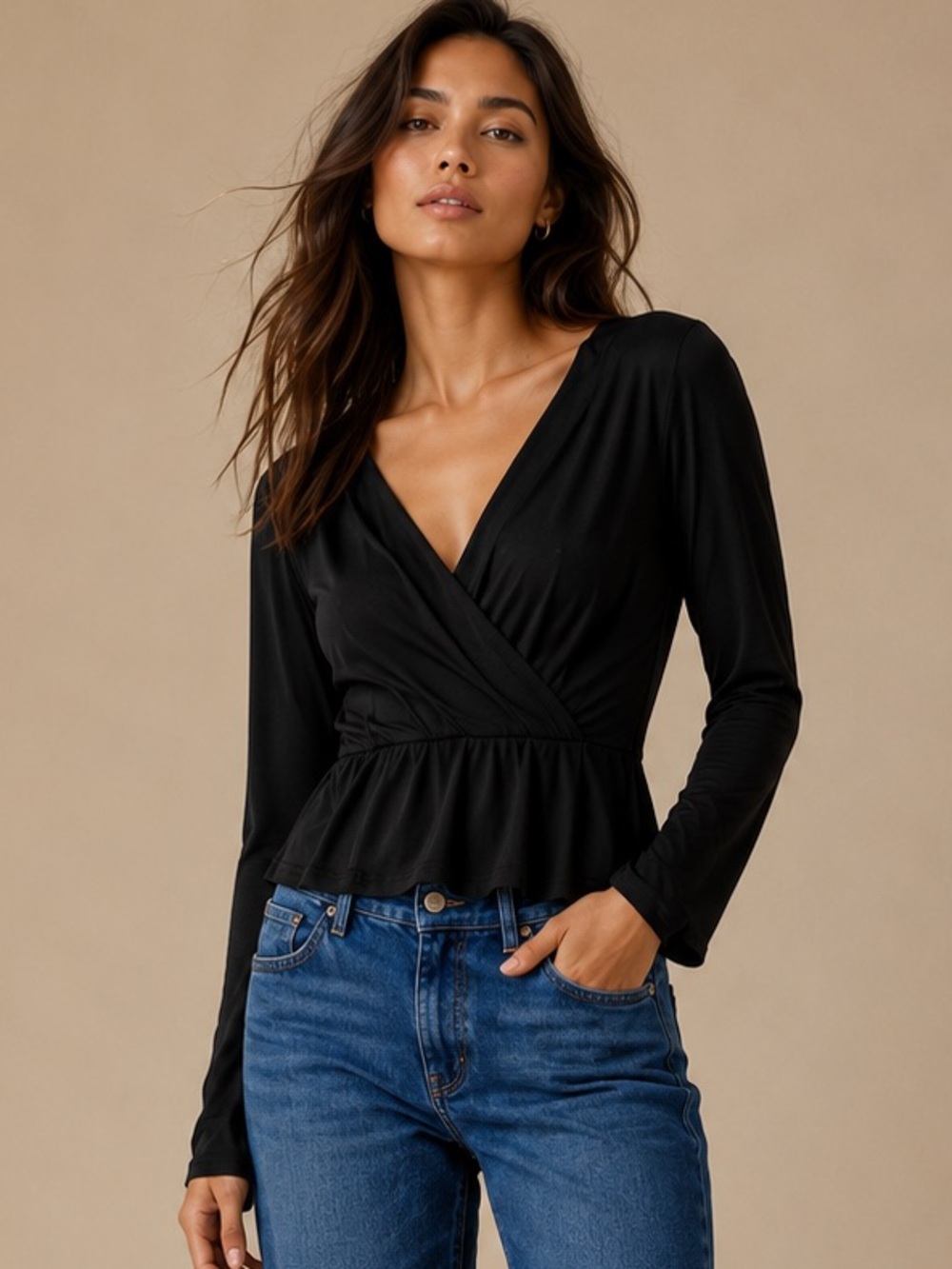 Halogen Black Wrap Peplum Top NWT Size Large